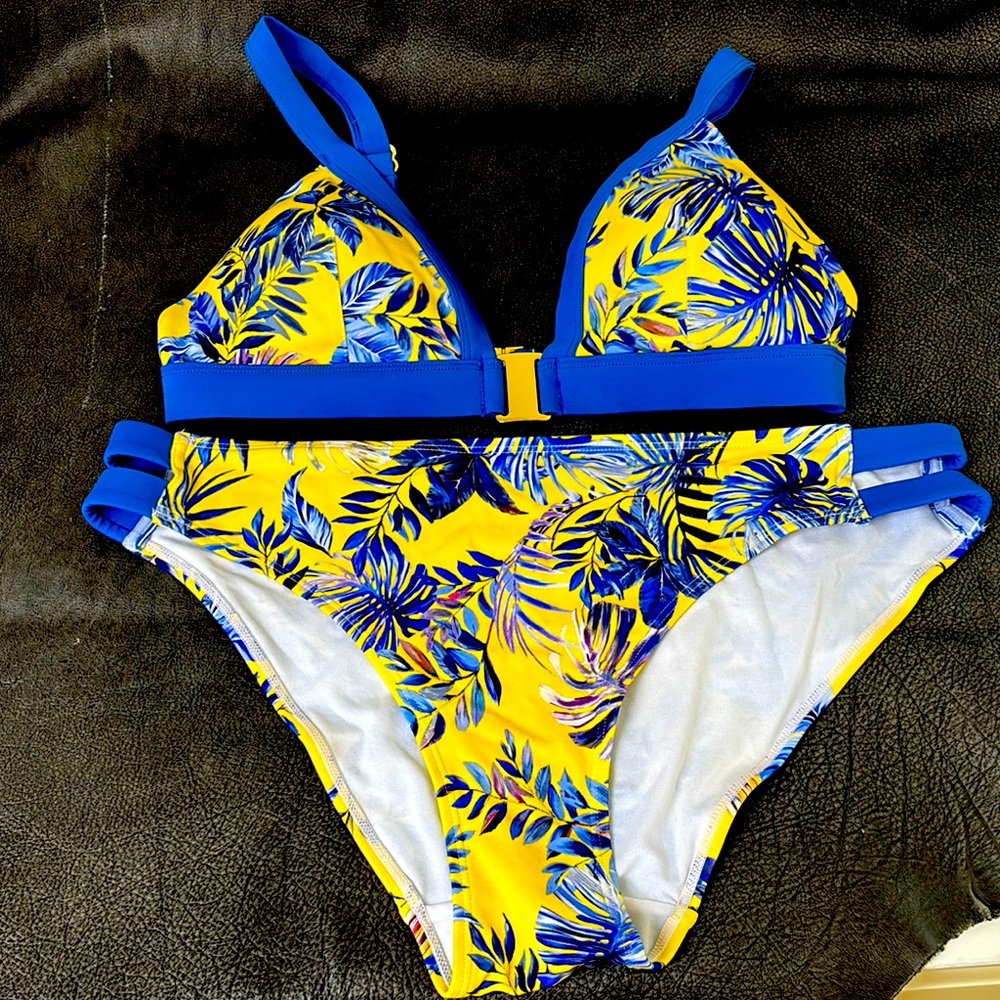 Yellow & Blue Tropical Print Bikini Set